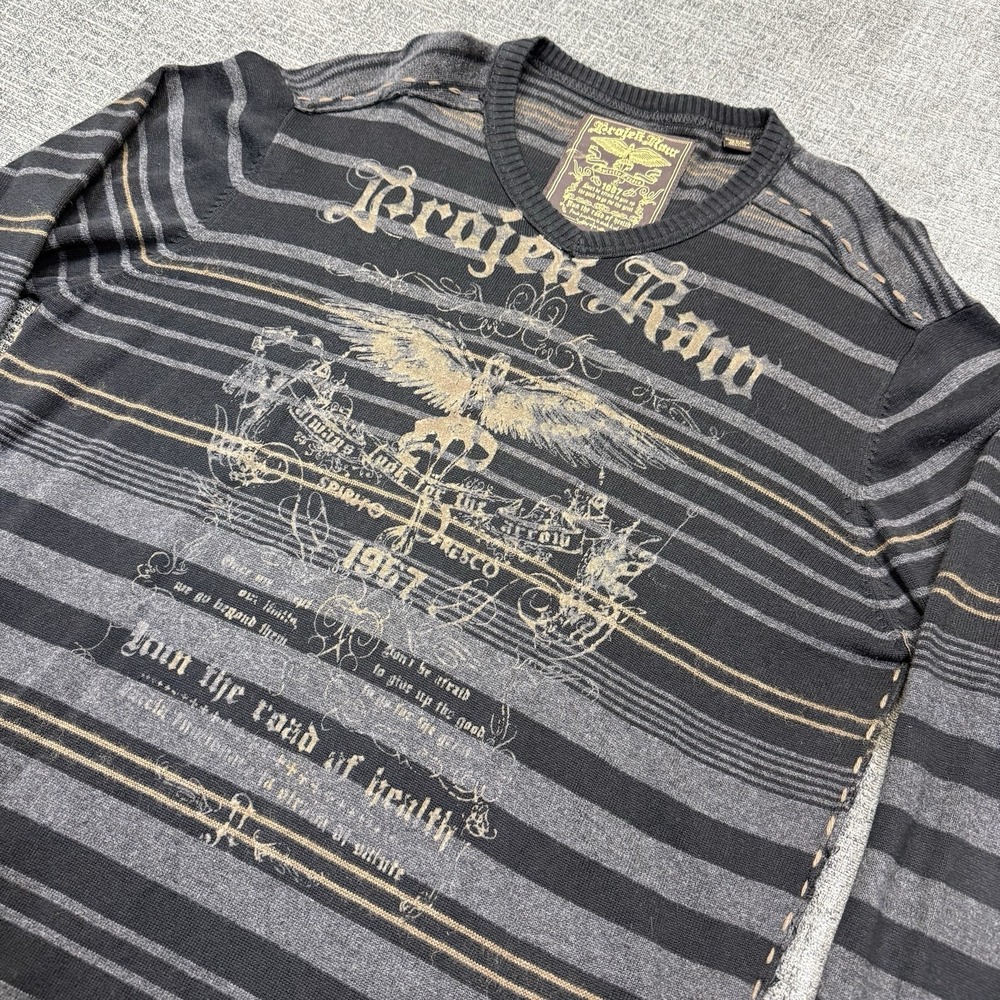 Projek Raw Shirt Mens Large Graphic Knit Black Striped Y2K Grunge Long Sleeve